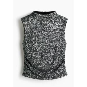H&M Sequined Mesh Top Black Silver Sleeveless Mock Neck NWT Large